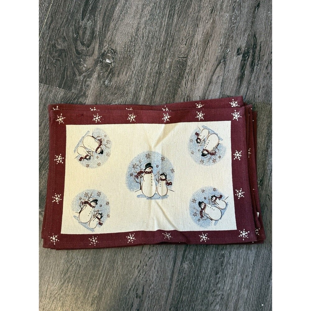 Snowman Placemats Set Of 8 Christmas Decor Red Cream 12X18 Cotton